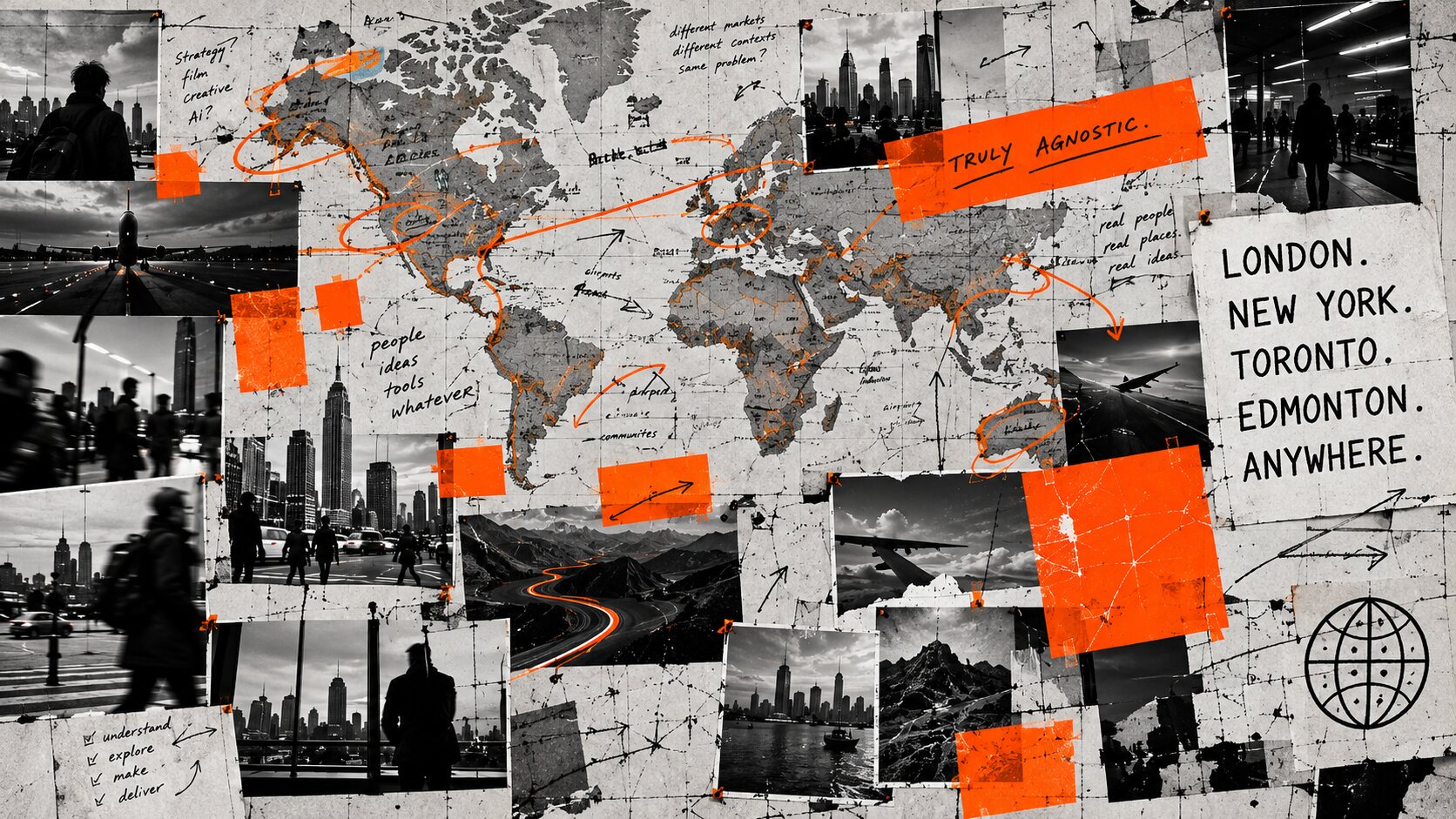 Collage of a world map, city skylines, travellers and orange tape marked people, ideas, tools, whatever.